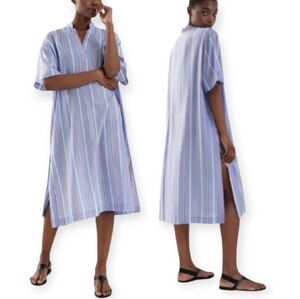 & Other Stories Oversize Striped Shirt Dress Midi Short Sleeve Slits Size 6